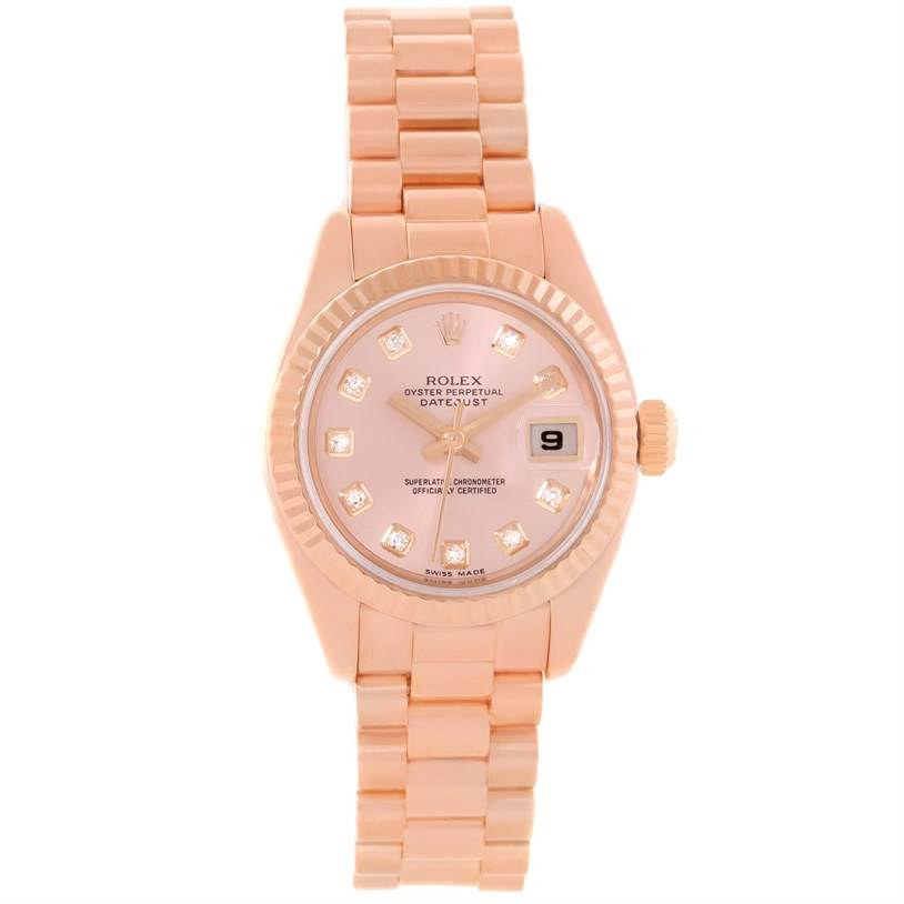 The image shows a front-facing view of the Rolex President 179175 Women's Rose Gold Pink Dial 179175 Women's Rose Gold Pink Dial model watch, featuring the dial, bezel, crown, and bracelet.