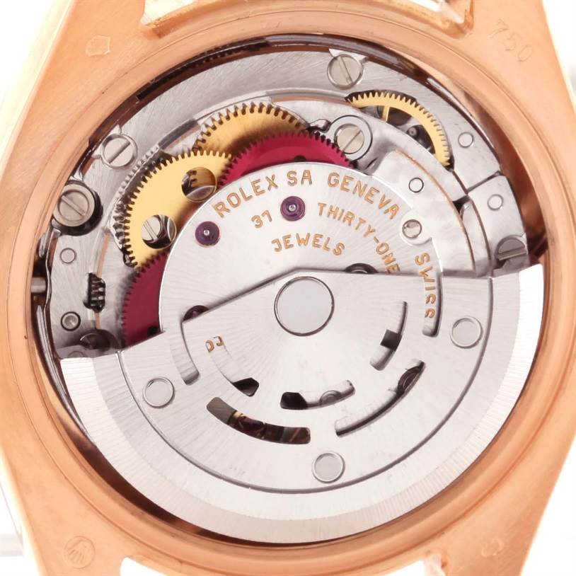 The image shows the movement and inner mechanism of a Rolex President 179175 Women's Rose Gold Pink Dial 179175 Women's Rose Gold Pink Dial model watch from a rear angle.