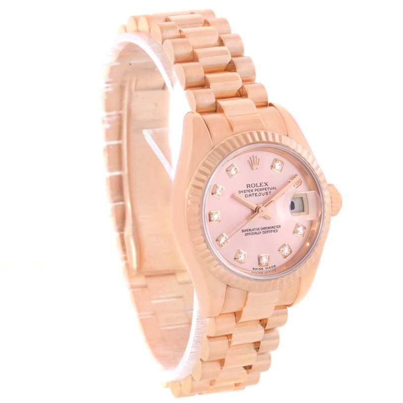 The image shows a Rolex President 179175 Women's Rose Gold Pink Dial 179175 Women's Rose Gold Pink Dial model watch at a slight side angle, highlighting the dial, bezel, and bracelet.