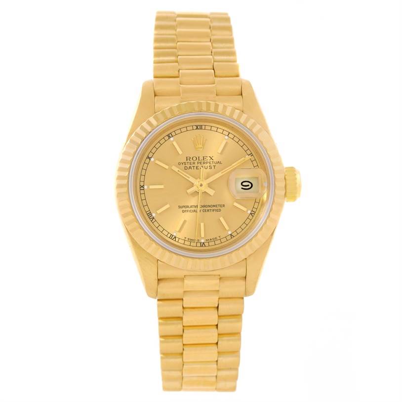 The image shows a front angle of a Rolex President 69178 Women's Yellow Gold Champagne Dial 69178 Women's Yellow Gold Champagne Dial model watch displaying the watch face, bezel, crown, and bracelet.