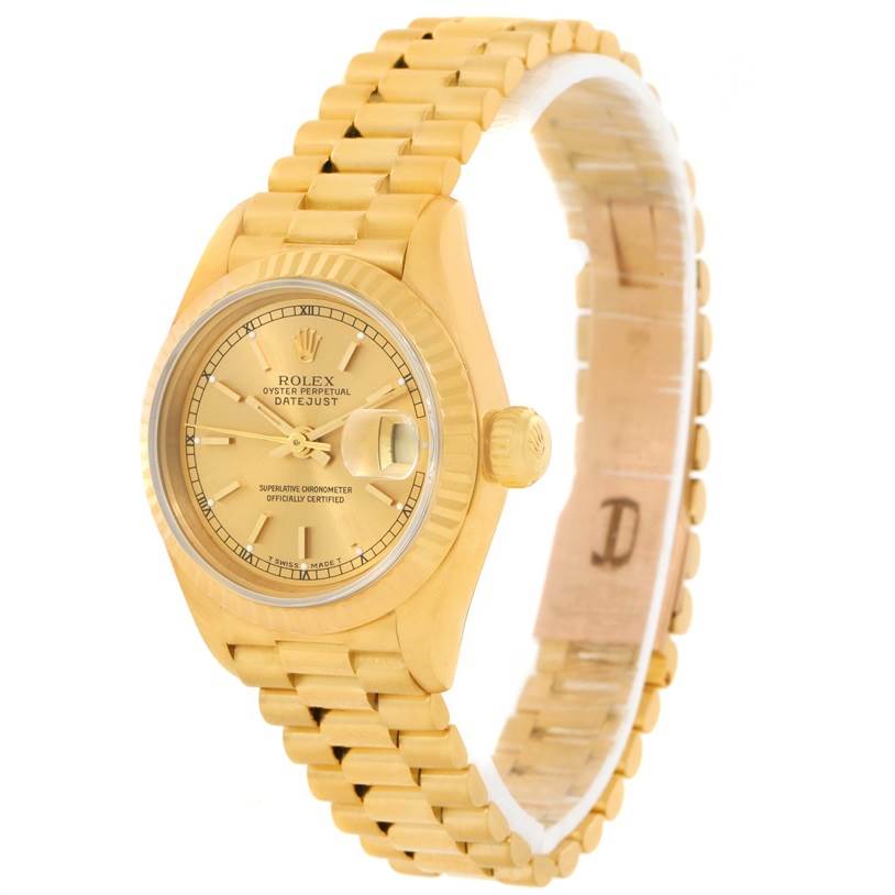 The Rolex President 69178 Women's Yellow Gold Champagne Dial 69178 Women's Yellow Gold Champagne Dial model watch is shown at a slightly elevated angle, displaying the face, band, and crown.