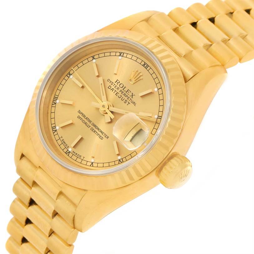 The Rolex President 69178 Women's Yellow Gold Champagne Dial 69178 Women's Yellow Gold Champagne Dial model watch is shown at a slight oblique angle, highlighting the gold dial, fluted bezel, and signature bracelet.