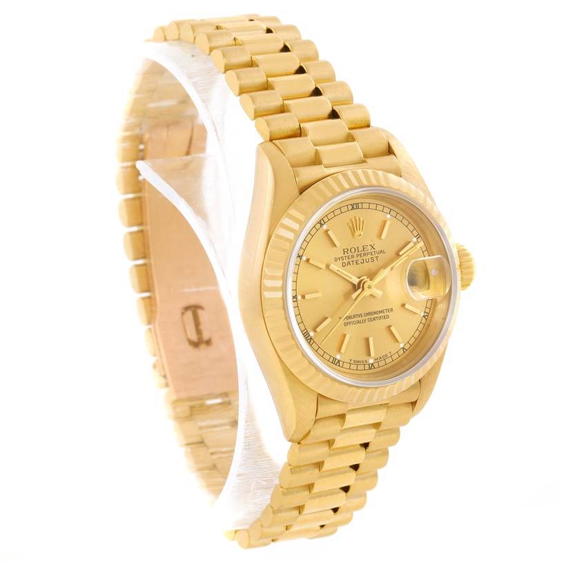 The image shows a Rolex President 69178 Women's Yellow Gold Champagne Dial 69178 Women's Yellow Gold Champagne Dial model watch angled to highlight the dial, crown, and bracelet.