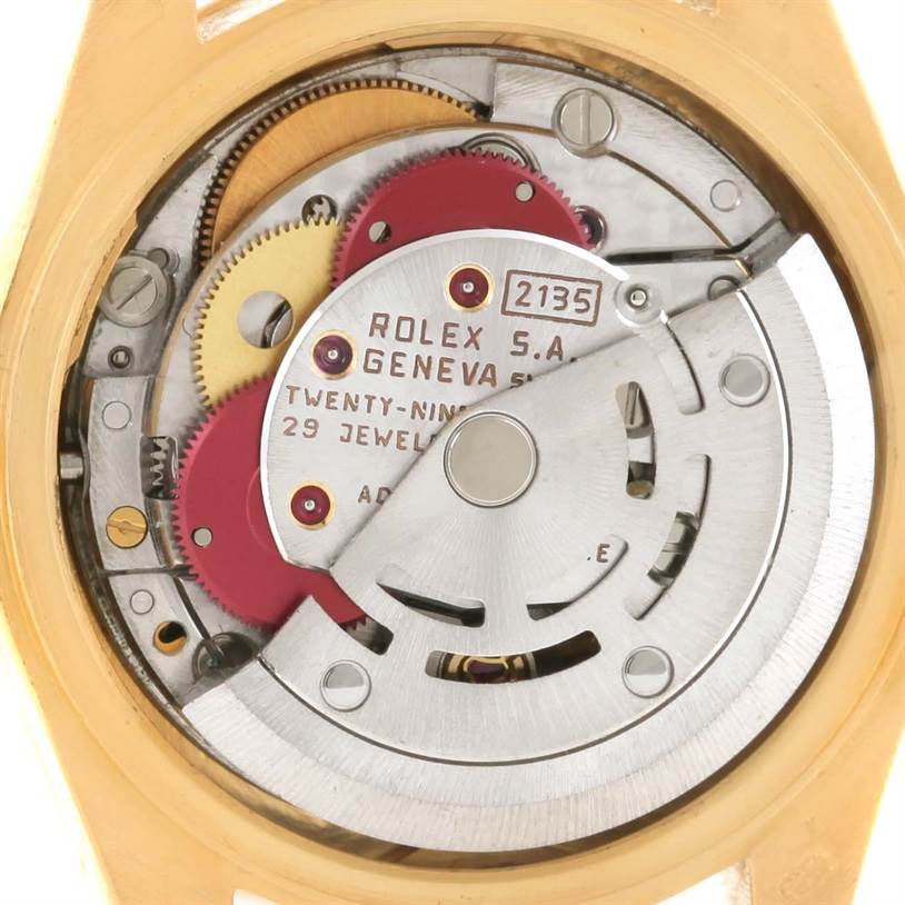 The image shows the internal mechanism of a Rolex President 69178 Women's Yellow Gold Champagne Dial 69178 Women's Yellow Gold Champagne Dial model watch viewed from the back.