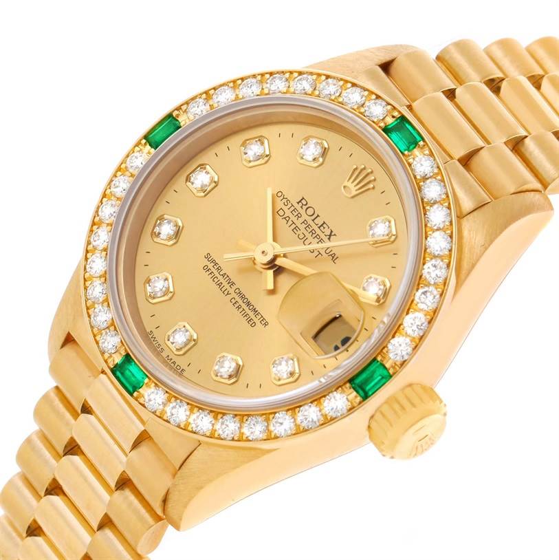 The image shows a close-up angle of the dial, bezel, and bracelet of a Rolex President 79078 Women's Yellow Gold Champagne Dial 79078 Women's Yellow Gold Champagne Dial model watch.