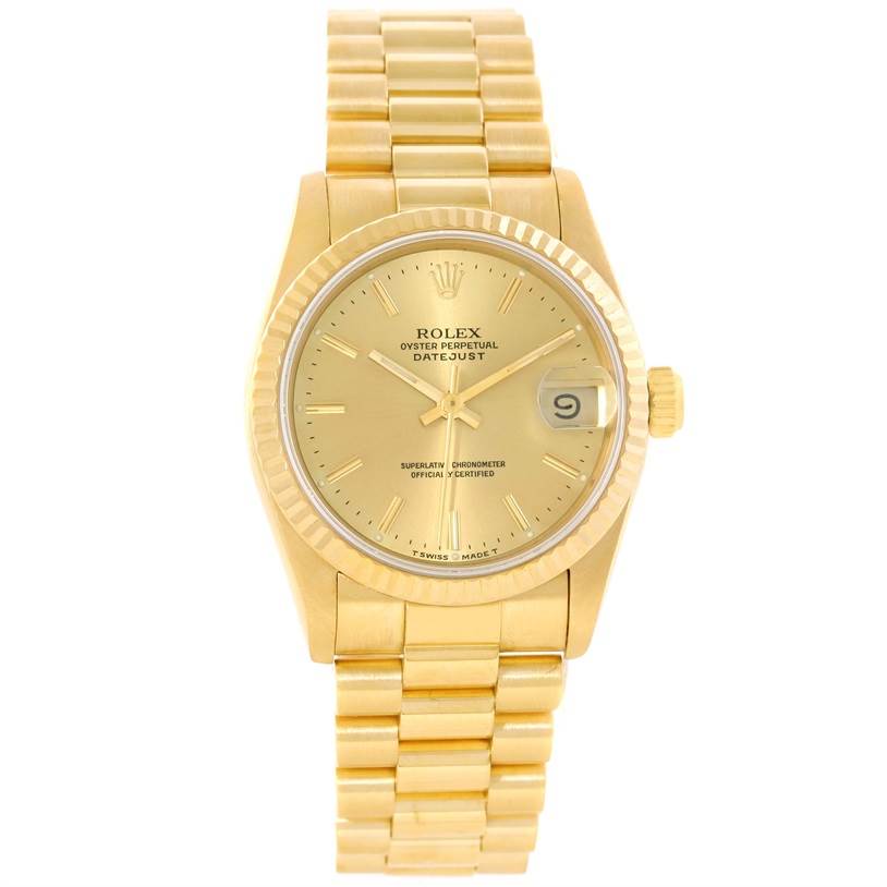 This Rolex President 68278 Men
s Yellow Gold Champagne Dial 68278 Men
s Yellow Gold Champagne Dial model watch is shown from the front, highlighting its dial, bezel, and bracelet.
