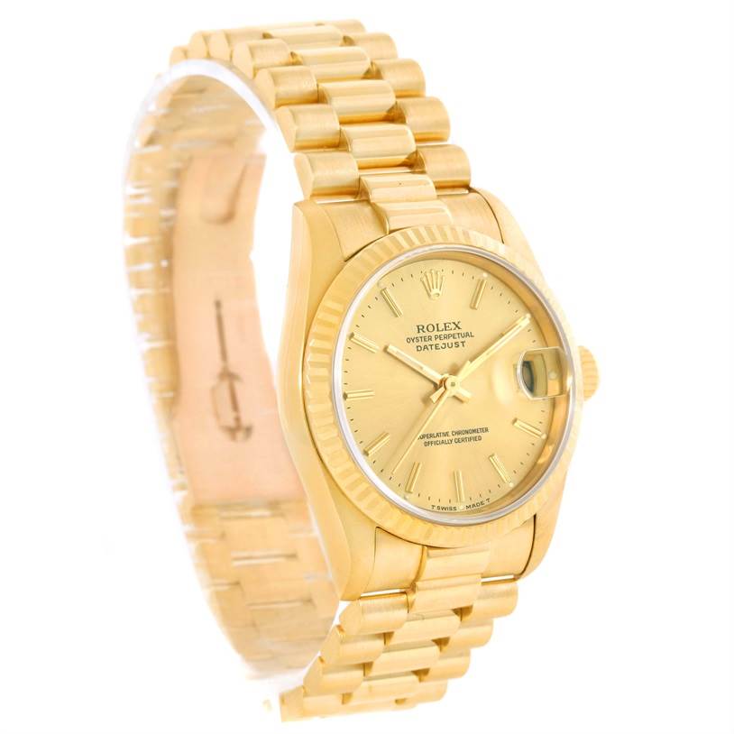 The image shows a gold Rolex President 68278 Men
s Yellow Gold Champagne Dial 68278 Men
s Yellow Gold Champagne Dial model watch from a three-quarter angle, displaying the dial, bezel, case, and bracelet.