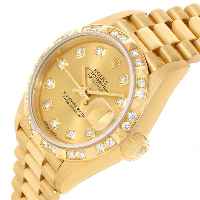 This Rolex President 79258 Women's Yellow Gold Champagne Dial 79258 Women's Yellow Gold Champagne Dial model watch is shown from a front-side angle, highlighting the bezel, dial, crown, and bracelet.