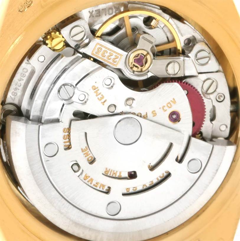 The image shows a close-up view of the movement mechanism inside the Rolex President 79258 Women's Yellow Gold Champagne Dial 79258 Women's Yellow Gold Champagne Dial model watch.