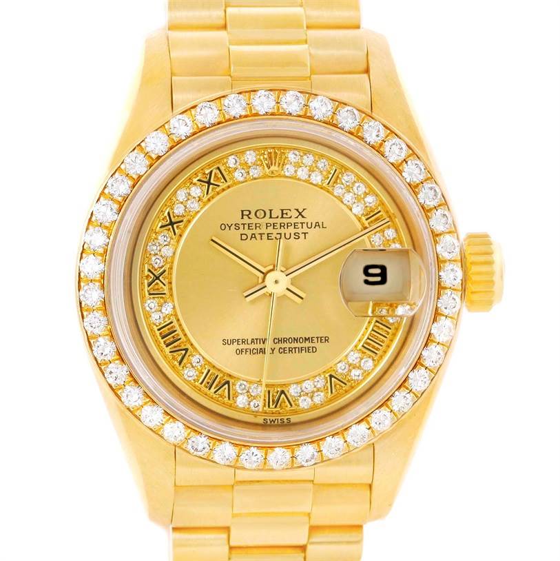 Rolex President Ladies 18k Yellow Gold Roman Diamond Watch 69178 ...