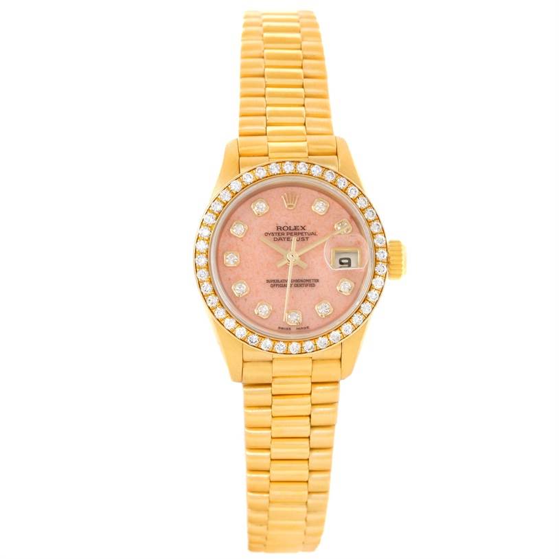 This Rolex President 69138 Women
s Yellow Gold Pink Dial 69138 Women
s Yellow Gold Pink Dial model is shown from a front angle, displaying its dial, bezel, crown, and bracelet.