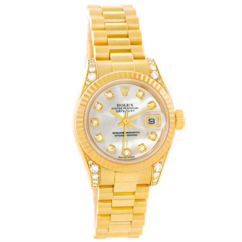 The image shows the front view of a gold Rolex President 179238 Women
s Yellow Gold Mother of Pearl Dial 179238 Women
s Yellow Gold Mother of Pearl Dial model watch, featuring a diamond-studded dial and bracelet.