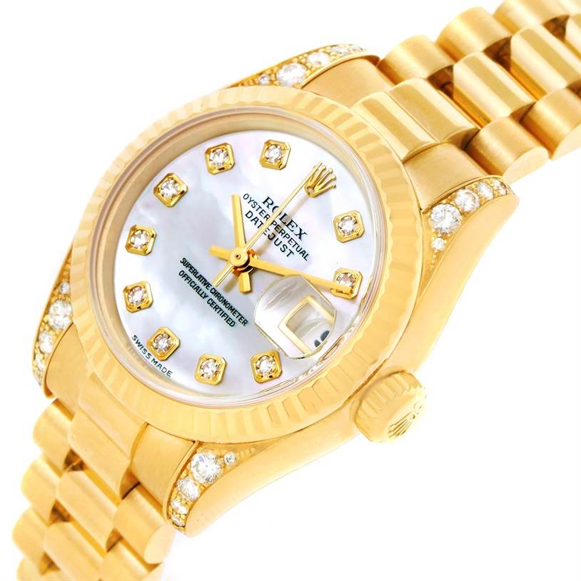 The image shows a Rolex President 179238 Women
s Yellow Gold Mother of Pearl Dial 179238 Women
s Yellow Gold Mother of Pearl Dial model watch at an angle displaying its face, crown, band, and diamond accents.