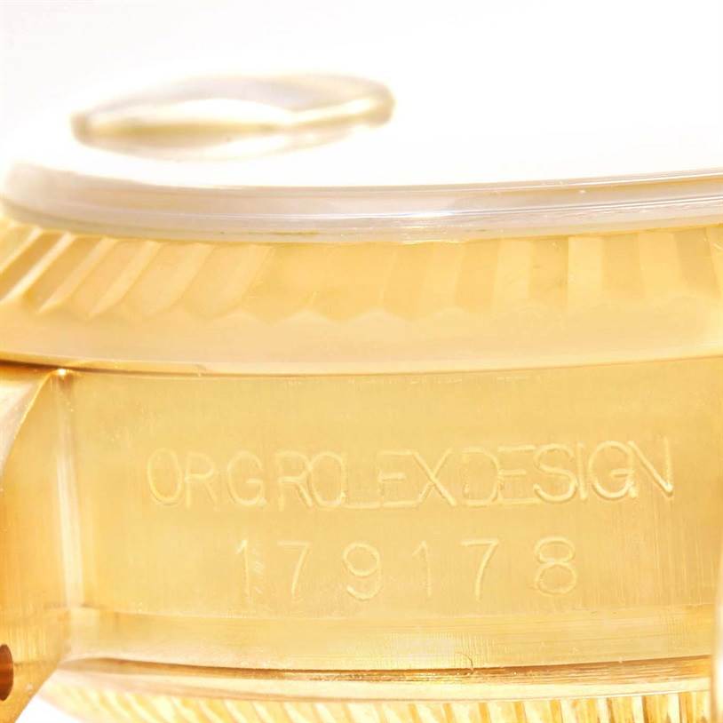 This close-up image shows the side of the Rolex President 179178 Women's Yellow Gold Champagne Dial 179178 Women's Yellow Gold Champagne Dial model watch, highlighting the model number and branding.