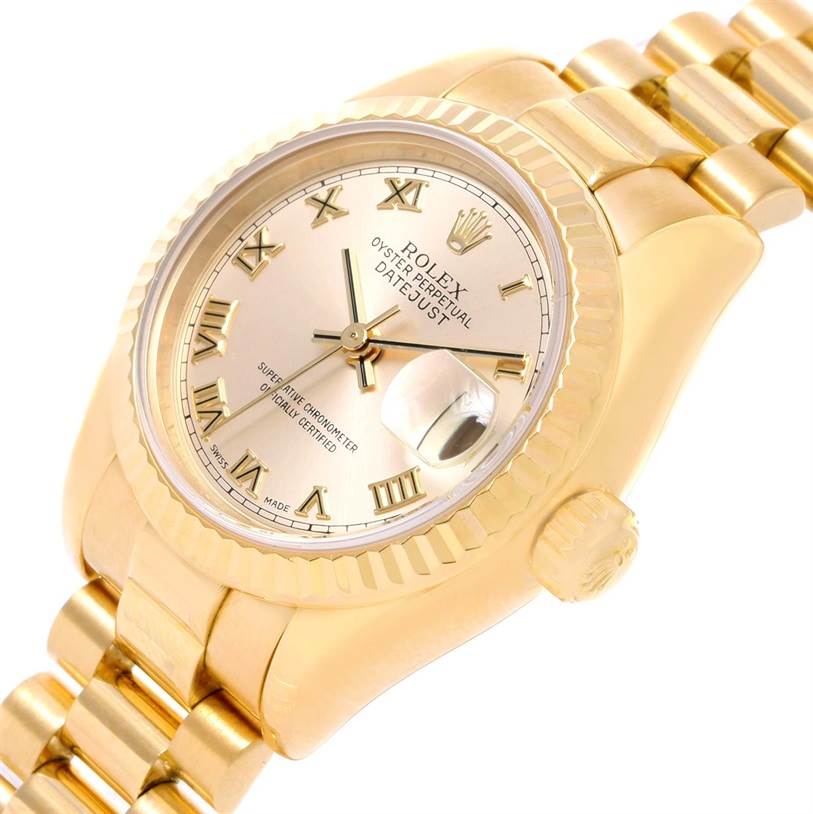 This image shows a close-up angle of a Rolex President 179178 Women's Yellow Gold Champagne Dial 179178 Women's Yellow Gold Champagne Dial model watch, highlighting its face, crown, and part of the bracelet.