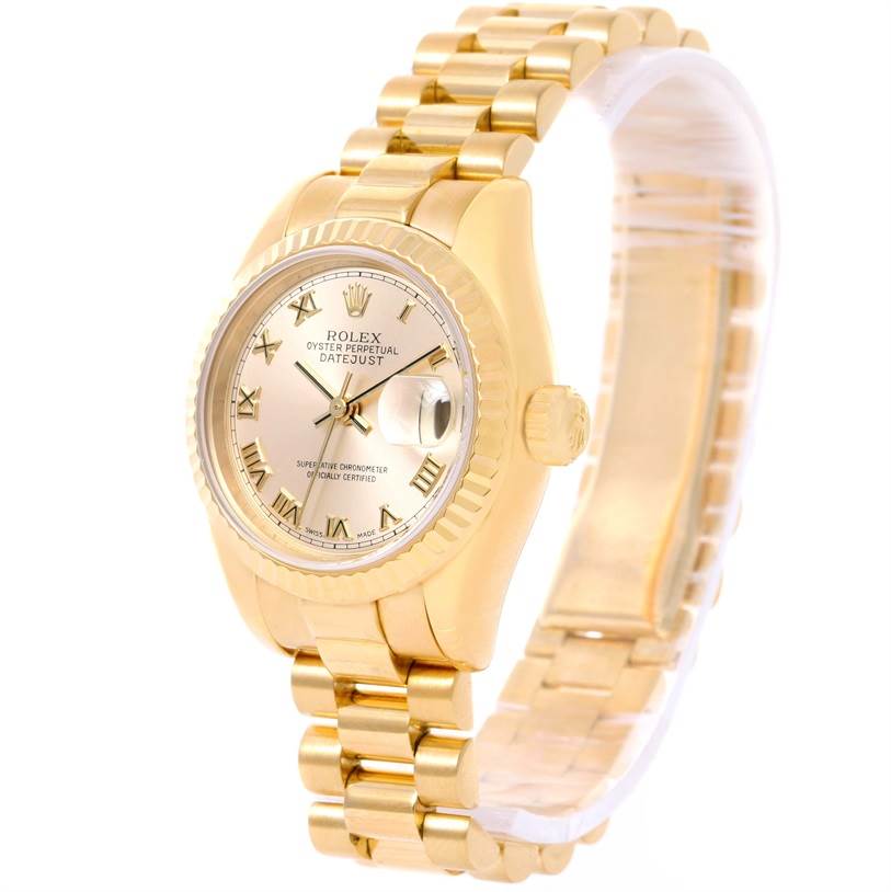 The image shows a Rolex President 179178 Women's Yellow Gold Champagne Dial 179178 Women's Yellow Gold Champagne Dial model watch at an angled view, displaying the dial, crown, and bracelet.