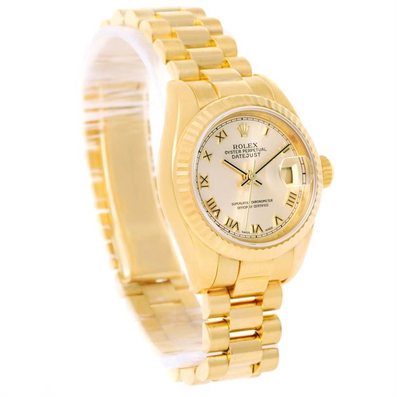 The image shows a Rolex President 179178 Women's Yellow Gold Champagne Dial 179178 Women's Yellow Gold Champagne Dial model watch, featuring the face, dial, date window, crown, and part of the bracelet.