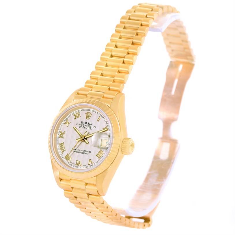 The image shows a Rolex President 79178 Women's Yellow Gold Beige Dial 79178 Women's Yellow Gold Beige Dial model watch from an angled side-view, highlighting its gold bracelet and dial.