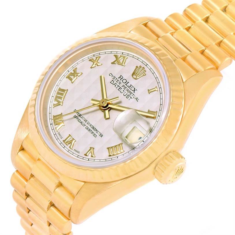 The image shows a Rolex President 79178 Women's Yellow Gold Beige Dial 79178 Women's Yellow Gold Beige Dial model watch at an angle highlighting the dial, bezel, crown, and part of the bracelet.