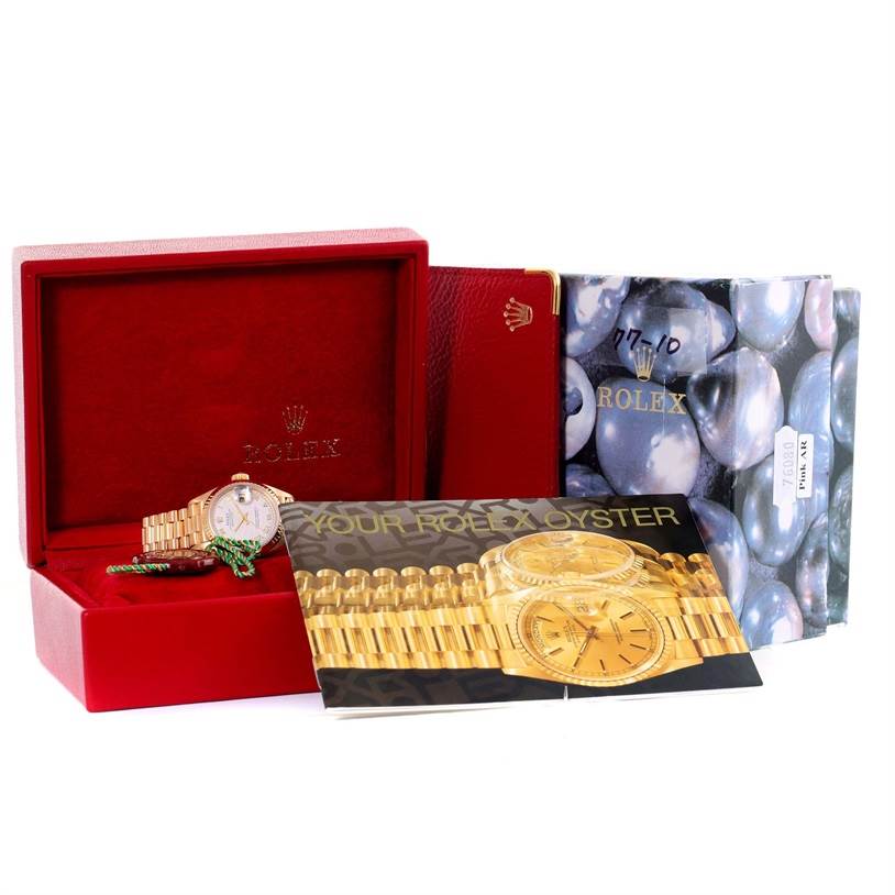 The image shows a Rolex President 79178 Women's Yellow Gold Beige Dial 79178 Women's Yellow Gold Beige Dial model watch in an open red box, accompanied by booklets and outer packaging.