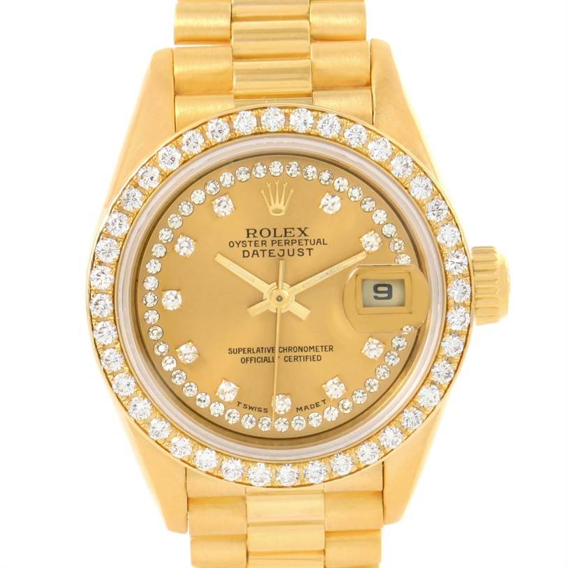 This image shows a frontal view of the Rolex President 69138 Women's Yellow Gold Champagne Dial 69138 Women's Yellow Gold Champagne Dial Oyster Perpetual Datejust, highlighting its dial, bracelet, and diamond-encrusted bezel.