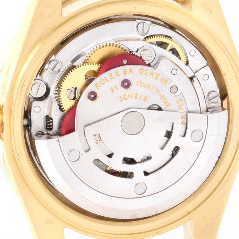 This image shows the internal mechanism and movement parts of a Rolex President 79138 Women's Yellow Gold Silver Dial 79138 Women's Yellow Gold Silver Dial model watch.