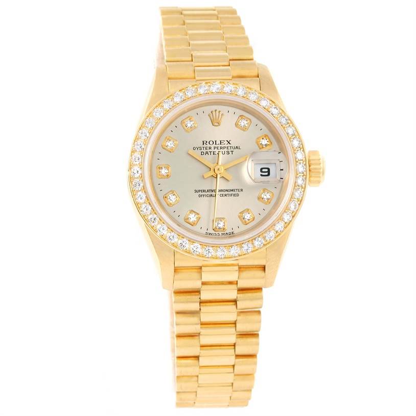 This image shows a frontal view of a Rolex President 79138 Women's Yellow Gold Silver Dial 79138 Women's Yellow Gold Silver Dial model watch, displaying the dial, bezel, crown, and bracelet.