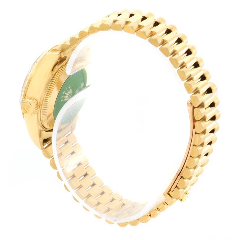 This image shows a side view of the Rolex President 69178 Women's Yellow Gold Blue Dial 69178 Women's Yellow Gold Blue Dial model watch, highlighting its gold band and case.