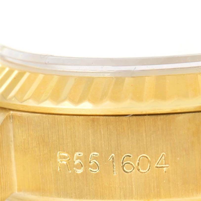 The image shows a close-up of the side of a Rolex President 69178 Women's Yellow Gold Blue Dial 69178 Women's Yellow Gold Blue Dial model watch, focusing on the reference number engraved on the gold casing.