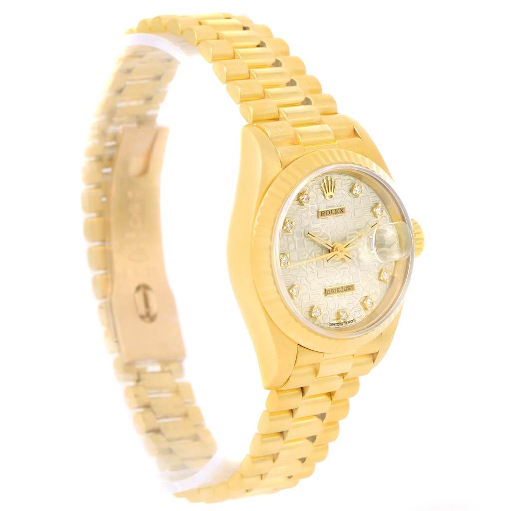 This image shows the Rolex President 69178 Women's Yellow Gold Beige Dial 69178 Women's Yellow Gold Beige Dial model watch at a three-quarter angle, highlighting its gold bracelet, crown, and dial.