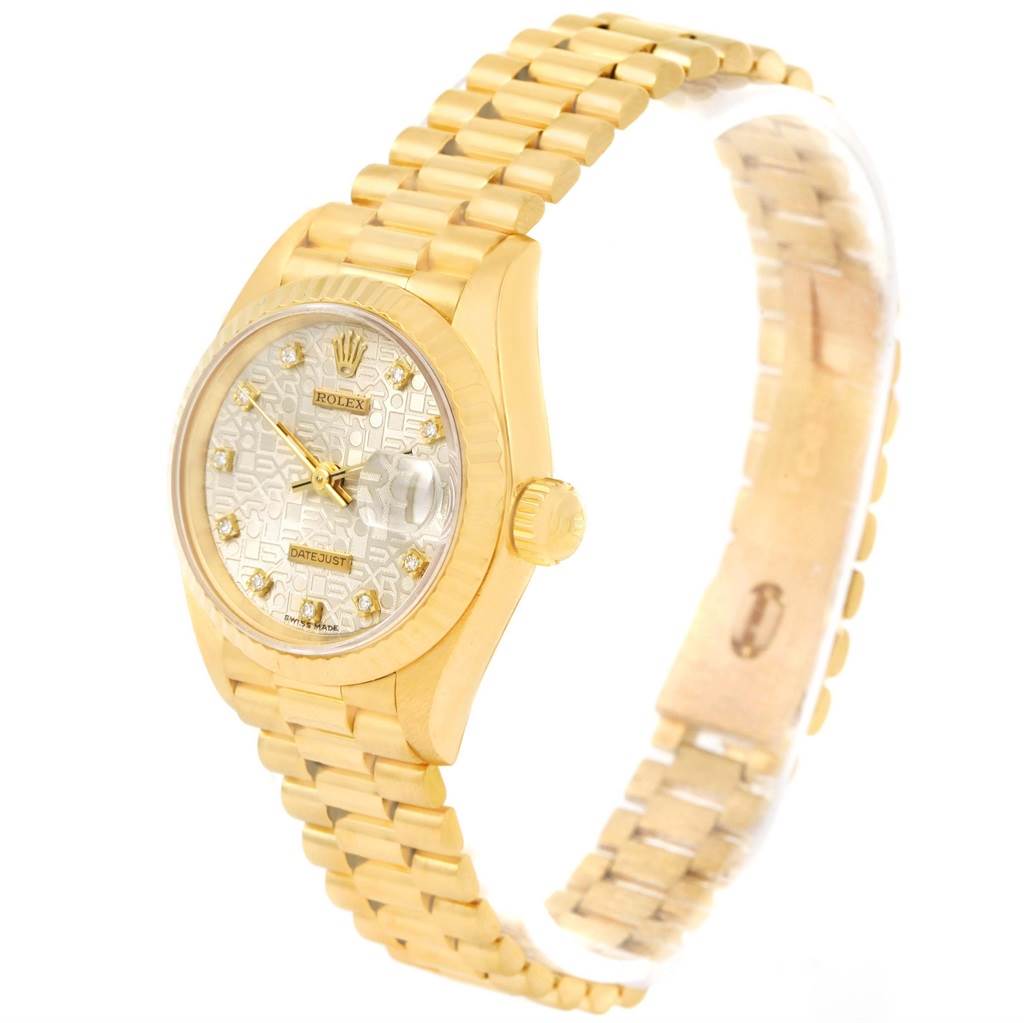 This image shows a side view of a Rolex President 69178 Women's Yellow Gold Beige Dial 69178 Women's Yellow Gold Beige Dial model watch, highlighting its gold case, dial, and bracelet.
