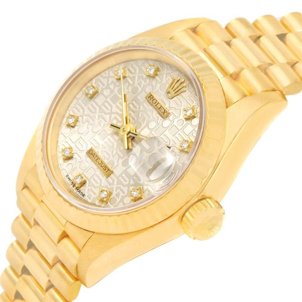 The image shows a close-up, angled view of the dial, crown, and part of the bracelet of the Rolex President 69178 Women's Yellow Gold Beige Dial 69178 Women's Yellow Gold Beige Dial model watch.