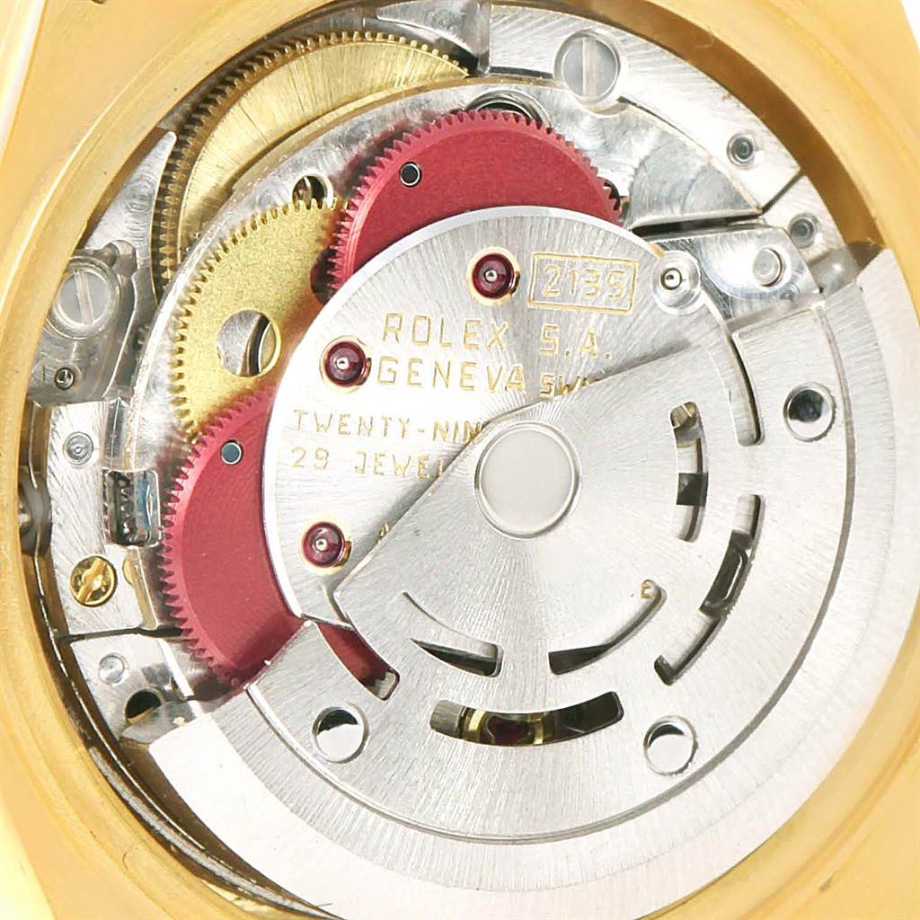 This is a close-up view of the Rolex President 69178 Women's Yellow Gold Beige Dial 69178 Women's Yellow Gold Beige Dial model watch movement, showcasing its intricate internal mechanisms.