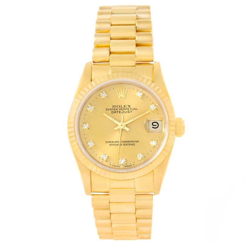 The image shows a front view of the Rolex President 68278 Women's Yellow Gold Champagne Dial 68278 Women's Yellow Gold Champagne Dial model watch with a gold bracelet and a date display.