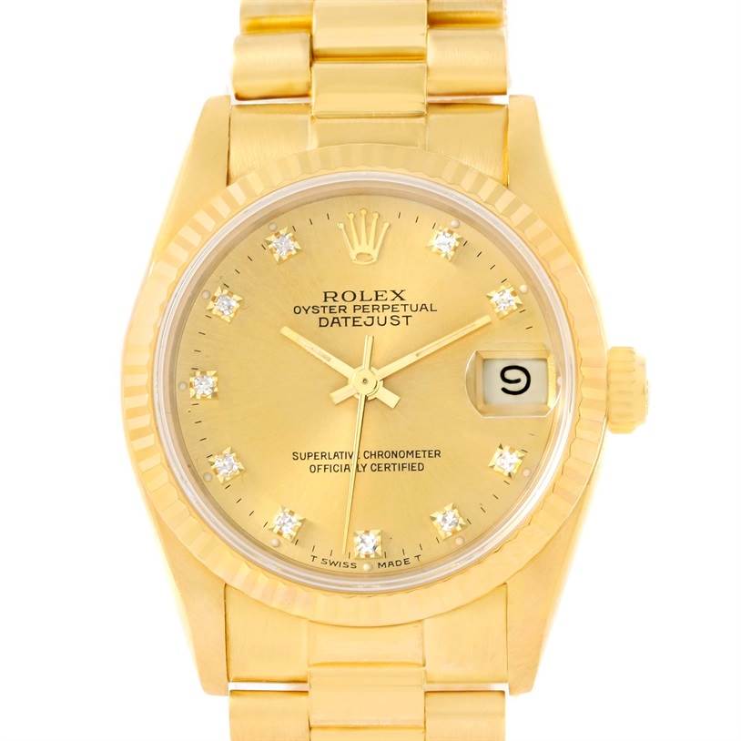 The image shows a front view of the Rolex President 68278 Women's Yellow Gold Champagne Dial 68278 Women's Yellow Gold Champagne Dial Datejust watch, displaying its gold dial, diamond hour markers, and date window.