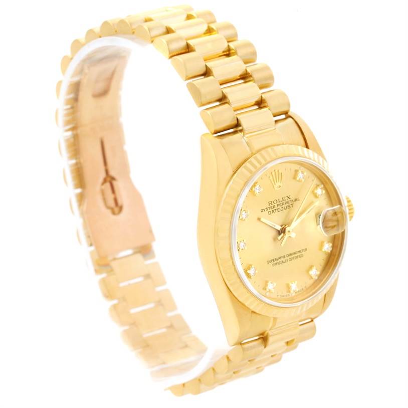 This image shows the Rolex President 68278 Women's Yellow Gold Champagne Dial 68278 Women's Yellow Gold Champagne Dial model watch at a slight angled view, displaying the gold band, dial, case, and crown.