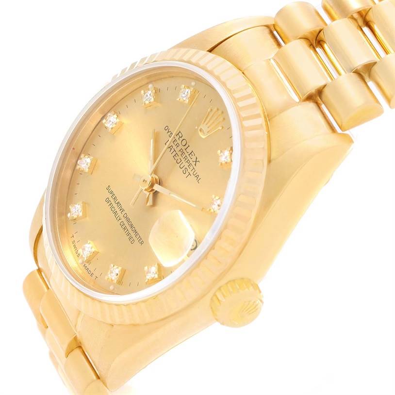 This is a close-up angle showcasing the Rolex President 68278 Women's Yellow Gold Champagne Dial 68278 Women's Yellow Gold Champagne Dial model's dial, bezel, crown, and part of the bracelet.
