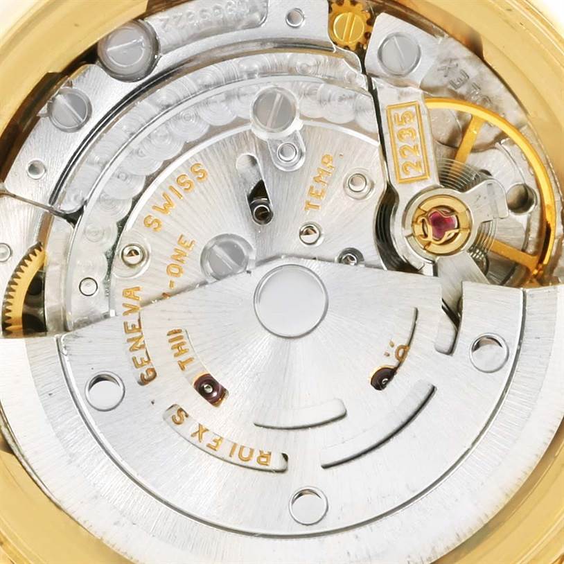 This image shows the intricate inner movement mechanism of a Rolex President 79178 Women's Yellow Gold Silver Dial 79178 Women's Yellow Gold Silver Dial model watch.