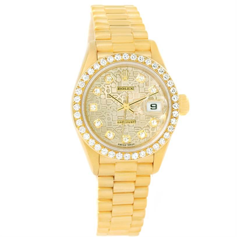 This image shows a front view of a Rolex President 79178 Women's Yellow Gold Silver Dial 79178 Women's Yellow Gold Silver Dial model watch, featuring its diamond bezel and gold bracelet.