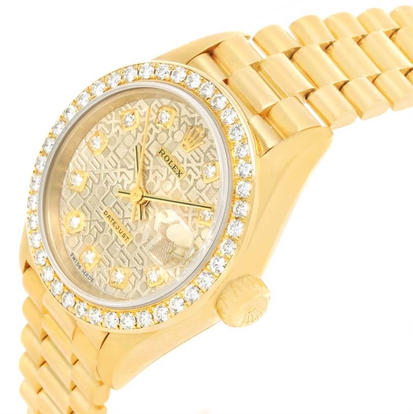 This image shows a close-up angled view of the face and band of a Rolex President 79178 Women's Yellow Gold Silver Dial 79178 Women's Yellow Gold Silver Dial model watch.