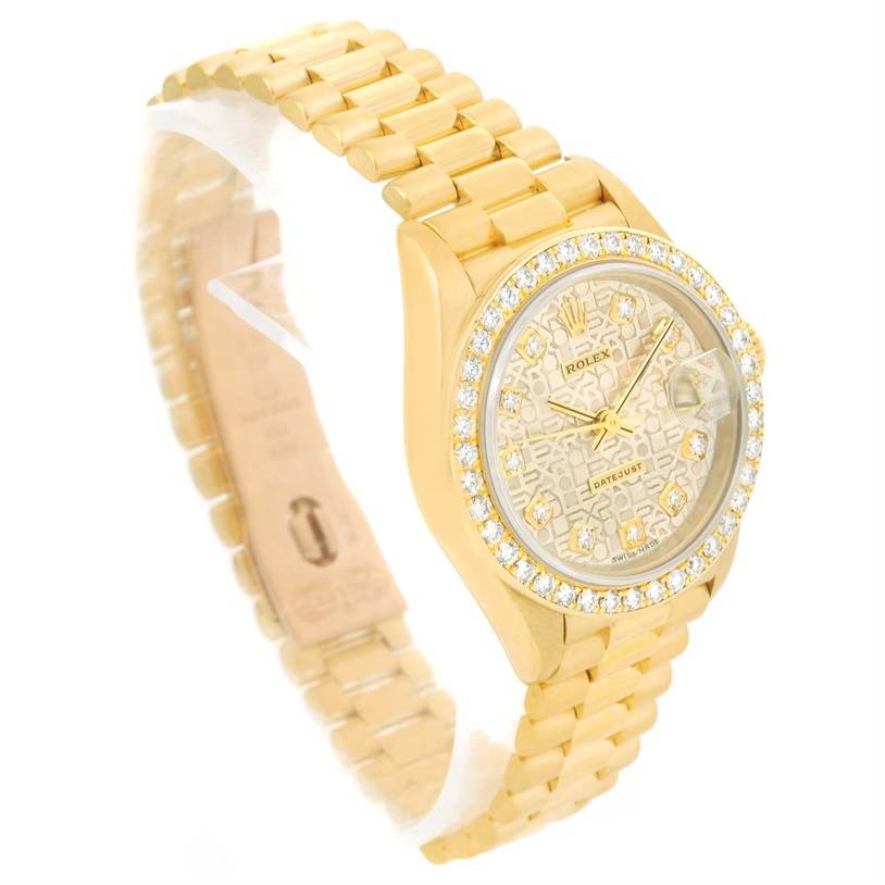 The image shows a Rolex President 79178 Women's Yellow Gold Silver Dial 79178 Women's Yellow Gold Silver Dial model watch displayed at a tilted angle, highlighting the gold bracelet and diamond-encrusted bezel.