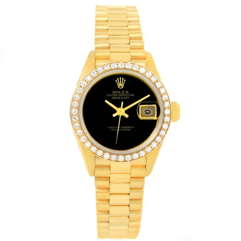 This image shows a Rolex President 69178 Women's Yellow Gold Black Dial 69178 Women's Yellow Gold Black Dial model watch from a straight-on angle, highlighting the face, bezel, and bracelet.