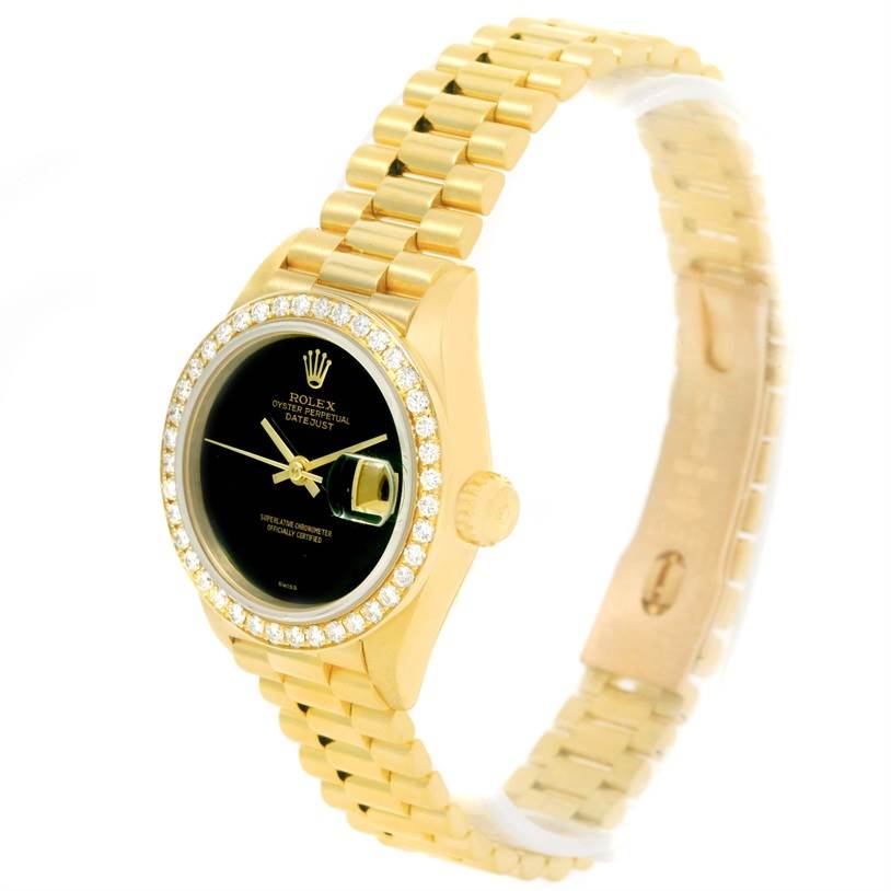 The Rolex President 69178 Women's Yellow Gold Black Dial 69178 Women's Yellow Gold Black Dial watch is shown from a three-quarter angle, displaying the face, case, bezel, crown, and band.