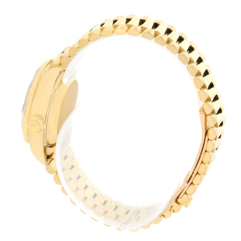The image shows a side view of a Rolex President 69178 Women's Yellow Gold Black Dial 69178 Women's Yellow Gold Black Dial model watch, highlighting the bezel, case, and bracelet.