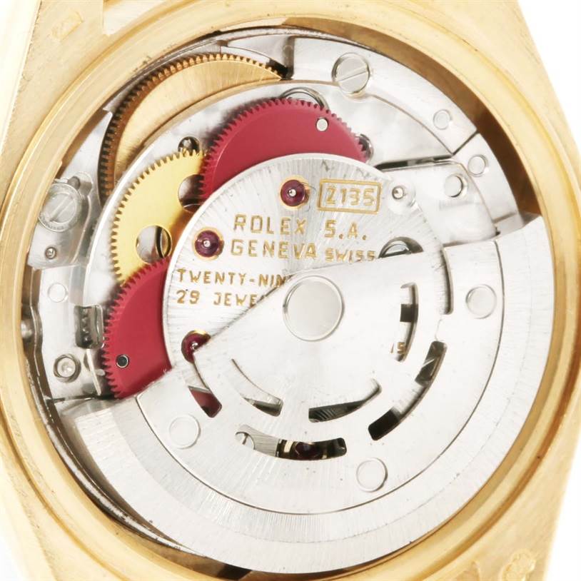 This image shows a close-up view of the internal mechanism of a Rolex President 69178 Women's Yellow Gold Black Dial 69178 Women's Yellow Gold Black Dial model watch.