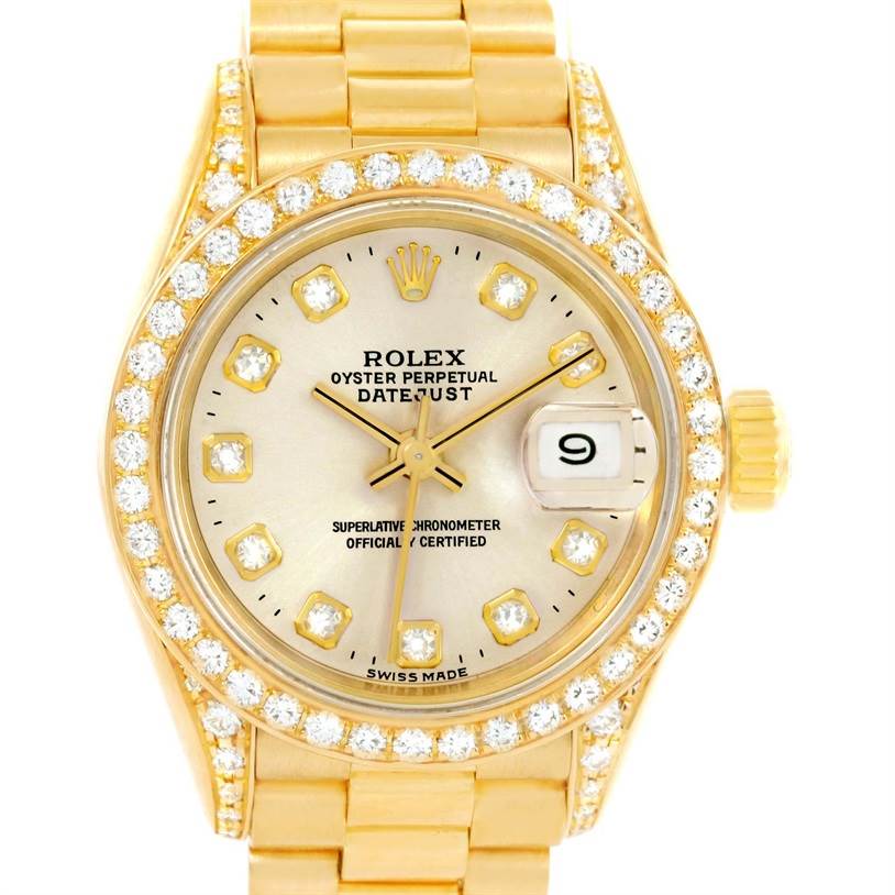 The Rolex President 69158 Women's Yellow Gold Silver Dial 69158 Women's Yellow Gold Silver Dial model watch is shown from a front angle, displaying its dial, bezel, crown, and bracelet.