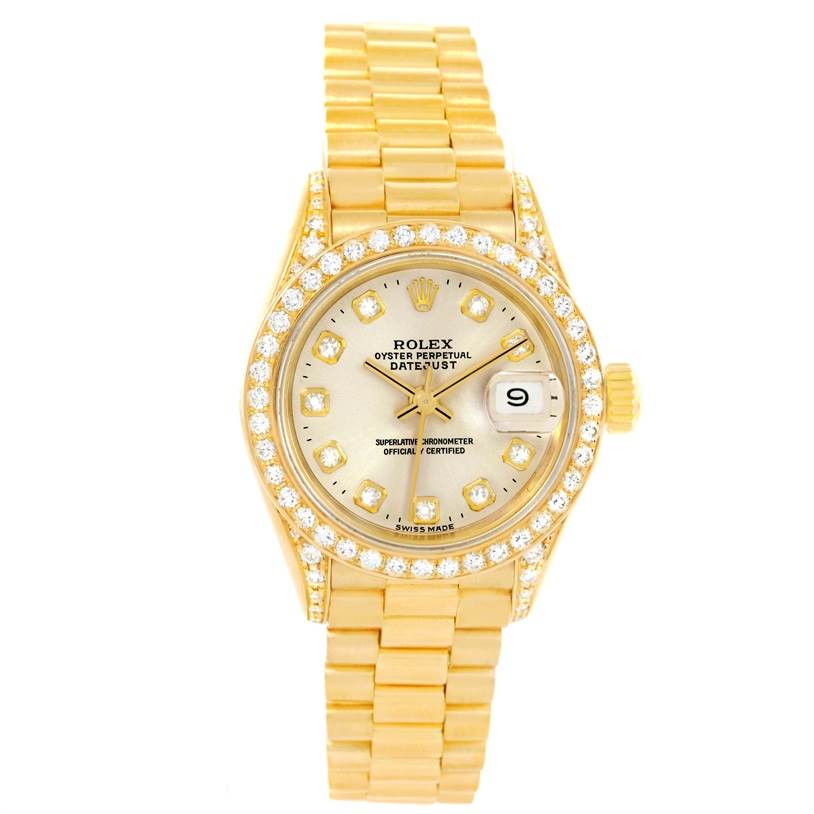 The image shows a frontal view of a Rolex President 69158 Women's Yellow Gold Silver Dial 69158 Women's Yellow Gold Silver Dial model watch, highlighting its bracelet, diamond bezel, dial, and date window.