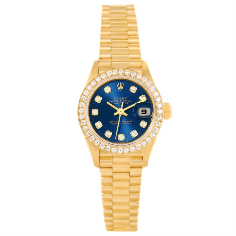 The image shows a front view of a Rolex President 69138 Women's Yellow Gold Blue Dial 69138 Women's Yellow Gold Blue Dial watch with a gold band and blue dial.