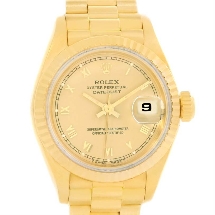 This image shows a front view of the Rolex President 69178 Women's Yellow Gold Champagne Dial 69178 Women's Yellow Gold Champagne Dial Datejust watch highlighting the face, bezel, hands, and date window.