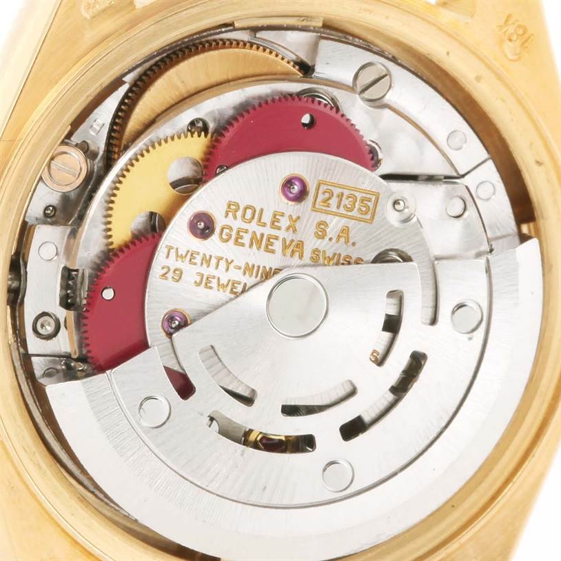 This image shows the back view of the Rolex President 69258 Women
s Champagne Dial 69258 Women
s Champagne Dial model watch, revealing its internal movement mechanism.
